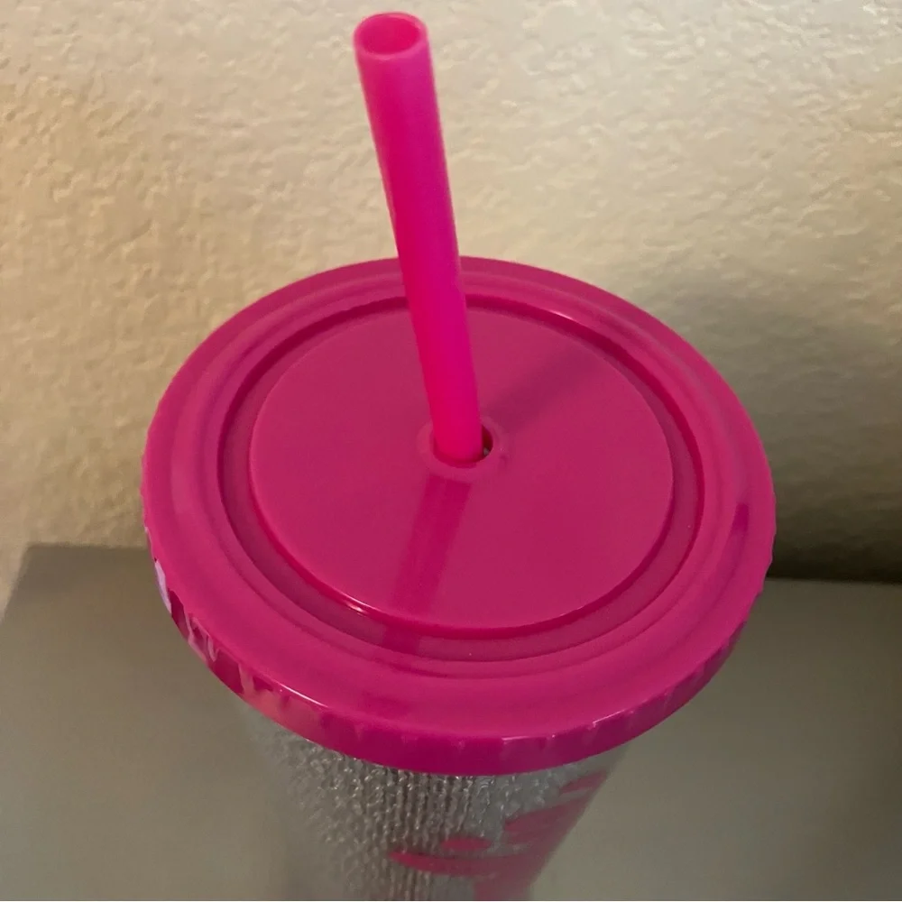 BARBIE Pink / Silver Rhinestone Tumbler Cup With Straw